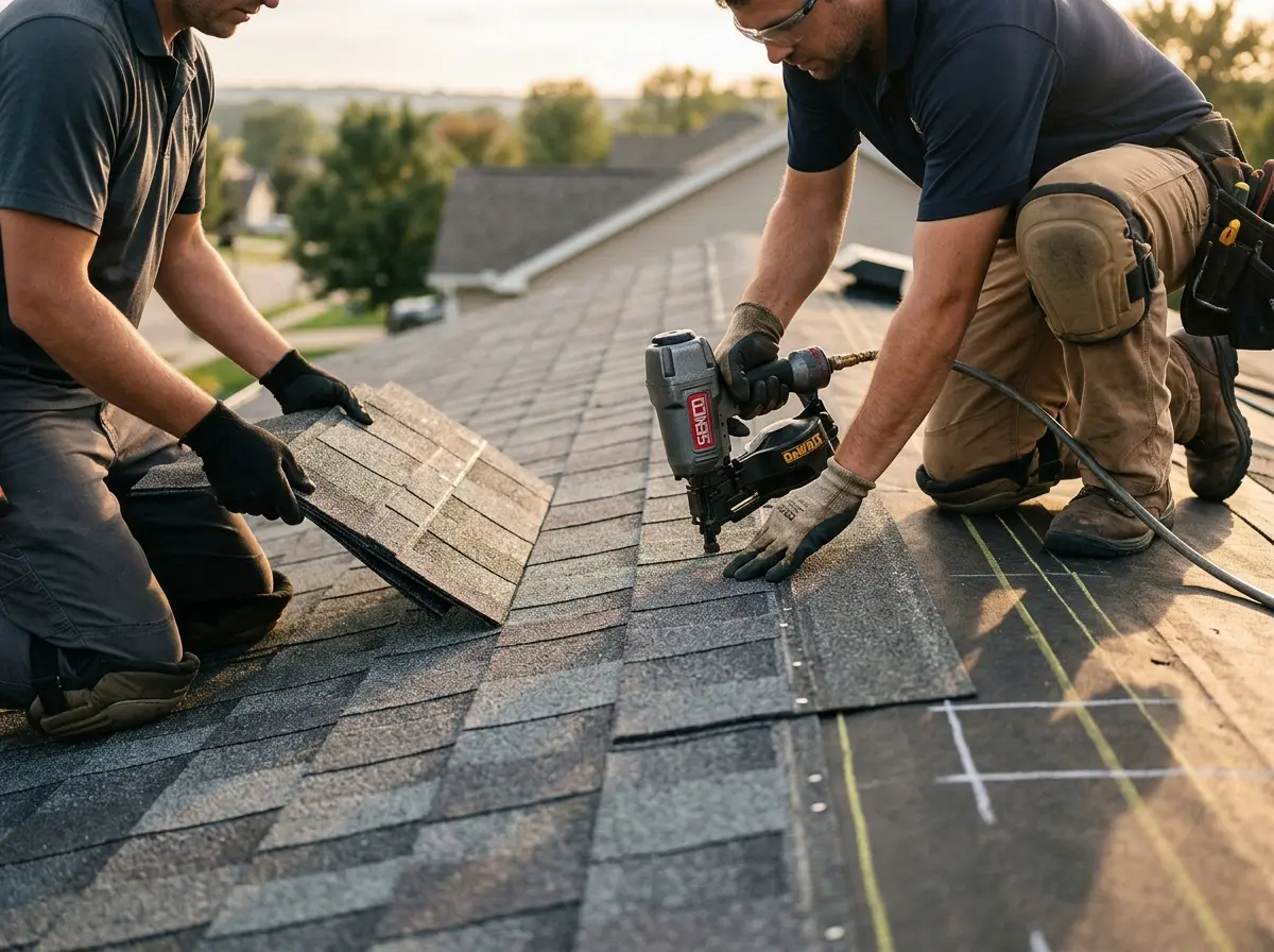 Professional roofer working on a residential roof in Springettsbury